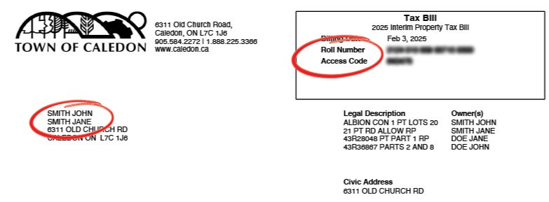 example copy of a property tax bill with the roll number and access code highlighted